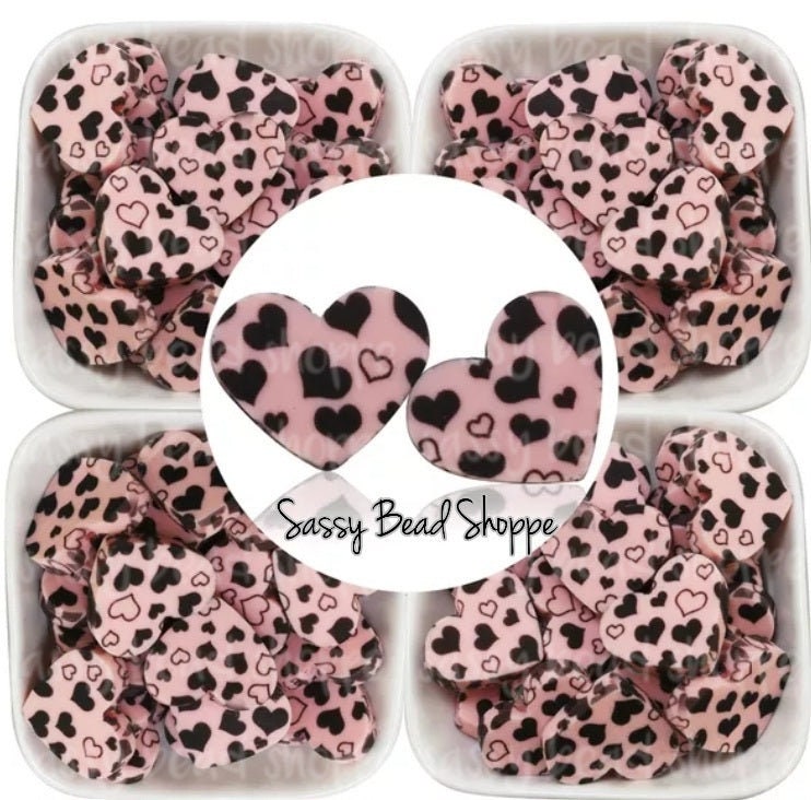 20mm Pink & Black Heart Focal Bead