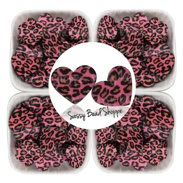 20mm Pink Leopard Heart Beads - Sassy Bead Shoppe