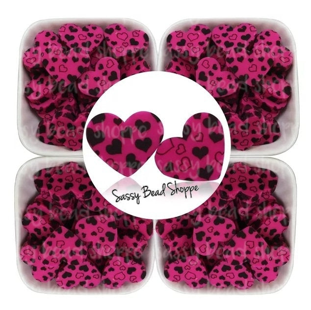 20mm Hot Pink & Black Heart Beads - Sassy Bead Shoppe