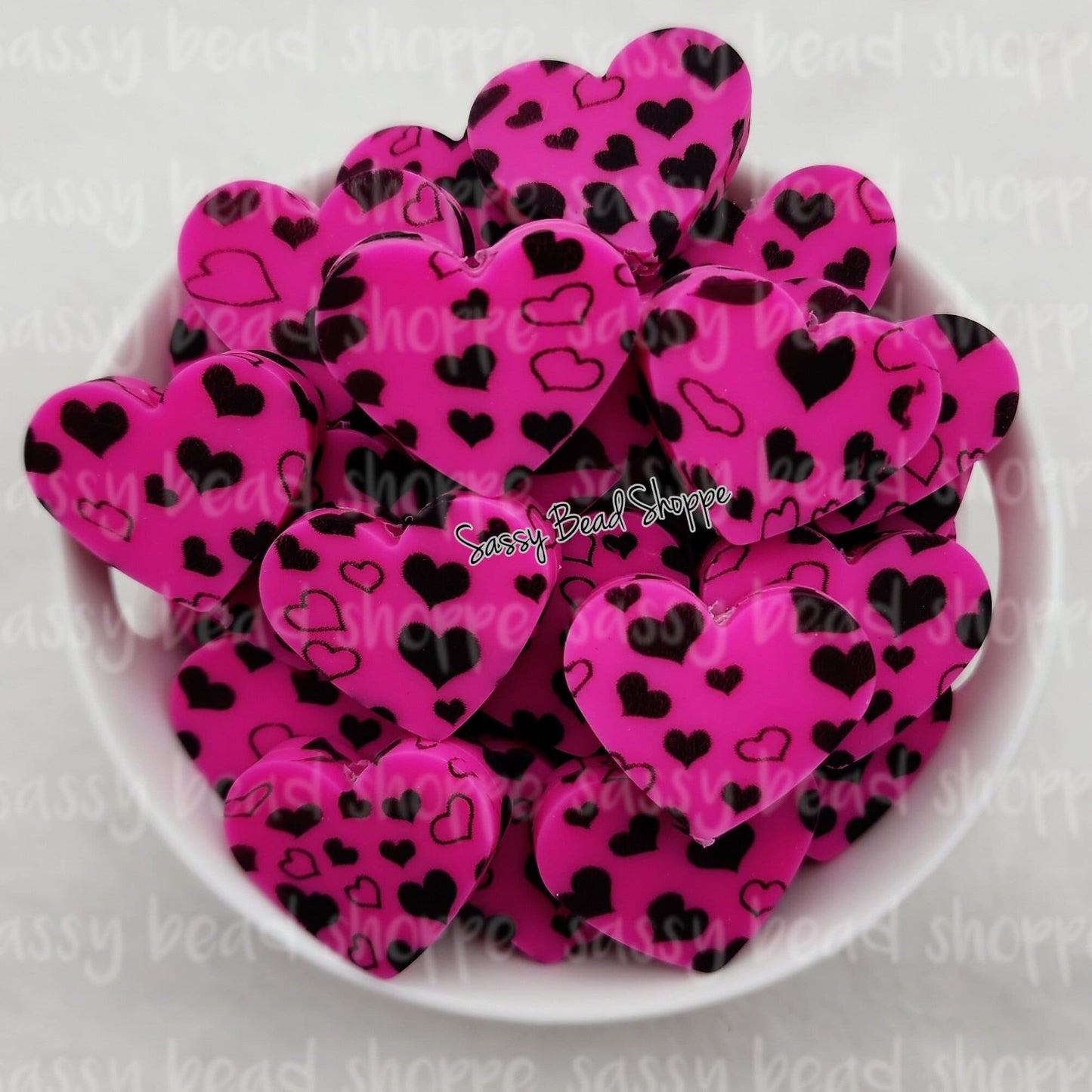 20mm Hot Pink & Black Heart Beads - Sassy Bead Shoppe
