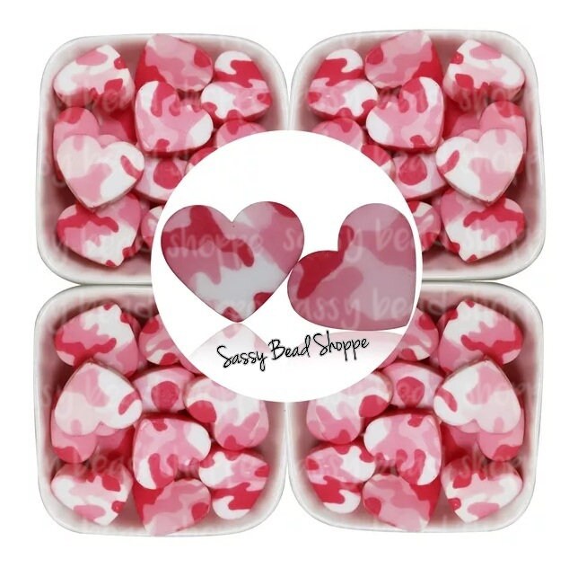 20mm Pink Camo Heart Beads - Sassy Bead Shoppe