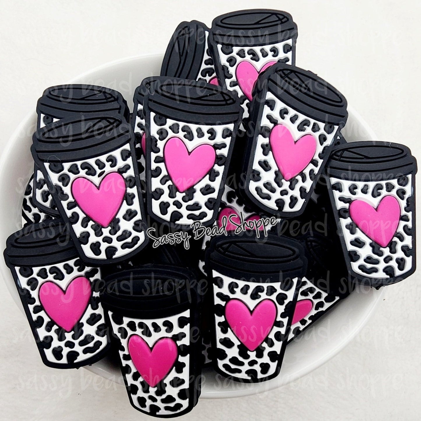 Black with Pink Heart Coffee Cup Beads - Sassy Bead Shoppe
