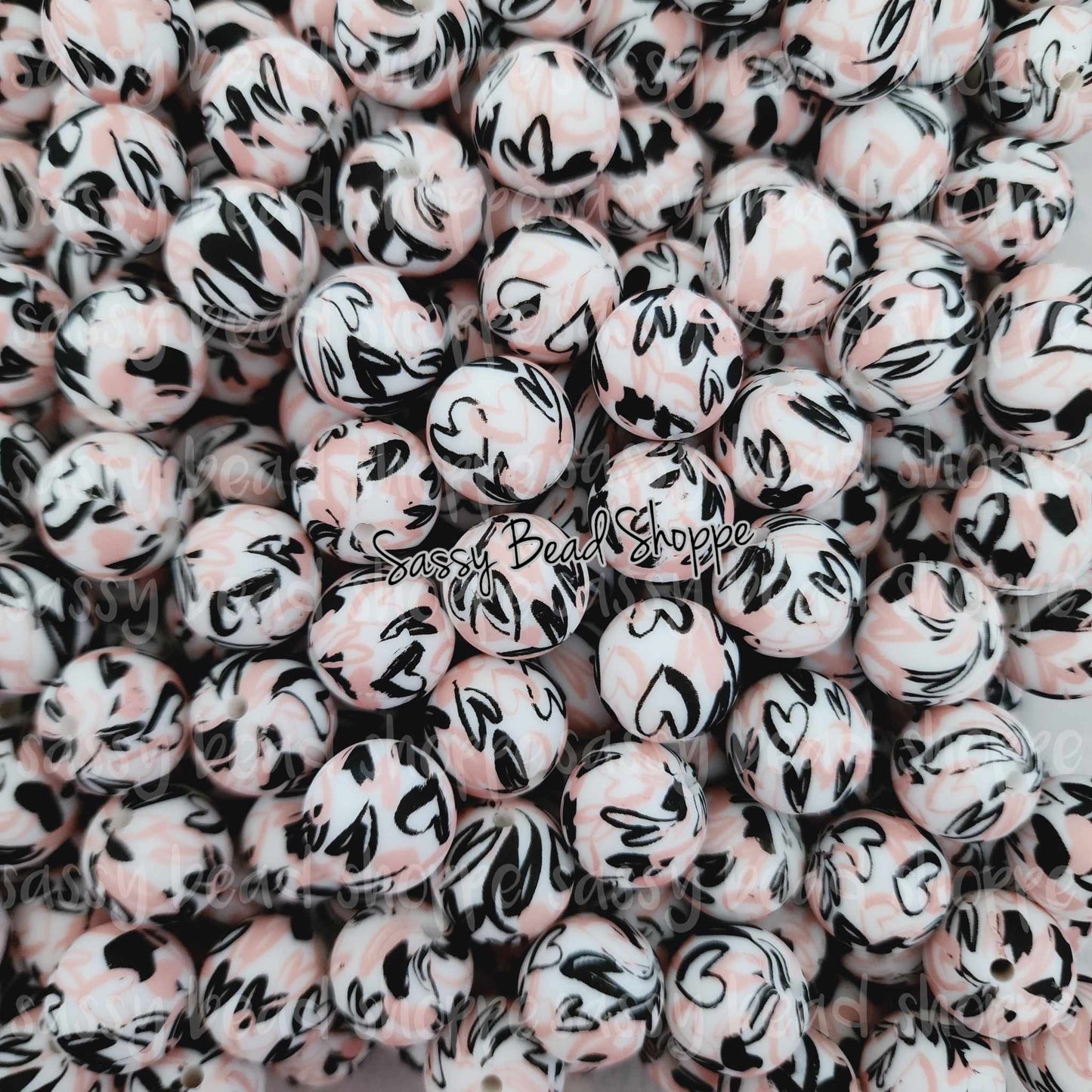 15mm Pink & Black Heart Silicone Beads - Sassy Bead Shoppe