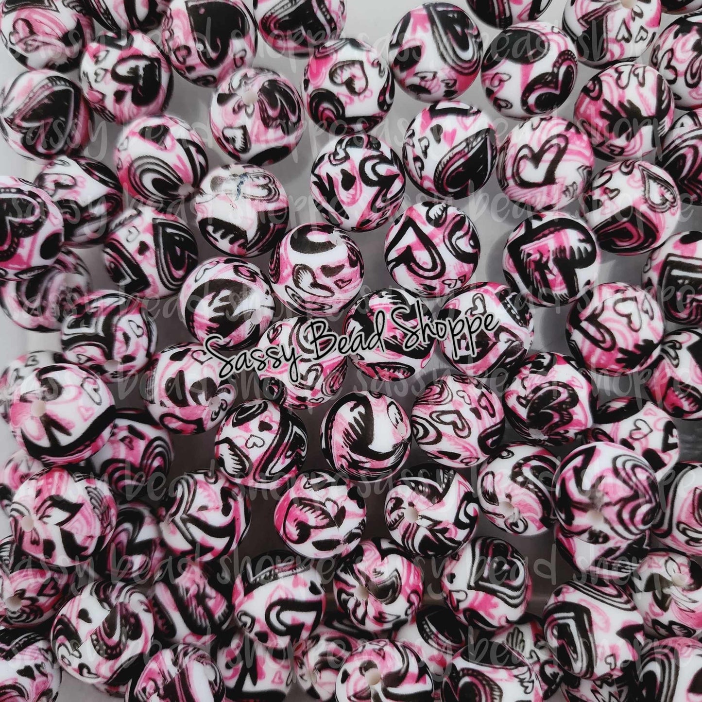 15mm Hot Pink & Black Heart Silicone Beads - Sassy Bead Shoppe