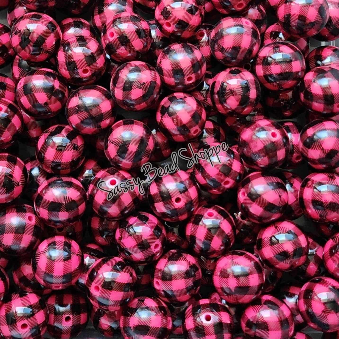 20MM Hot Pink Plaid Beads