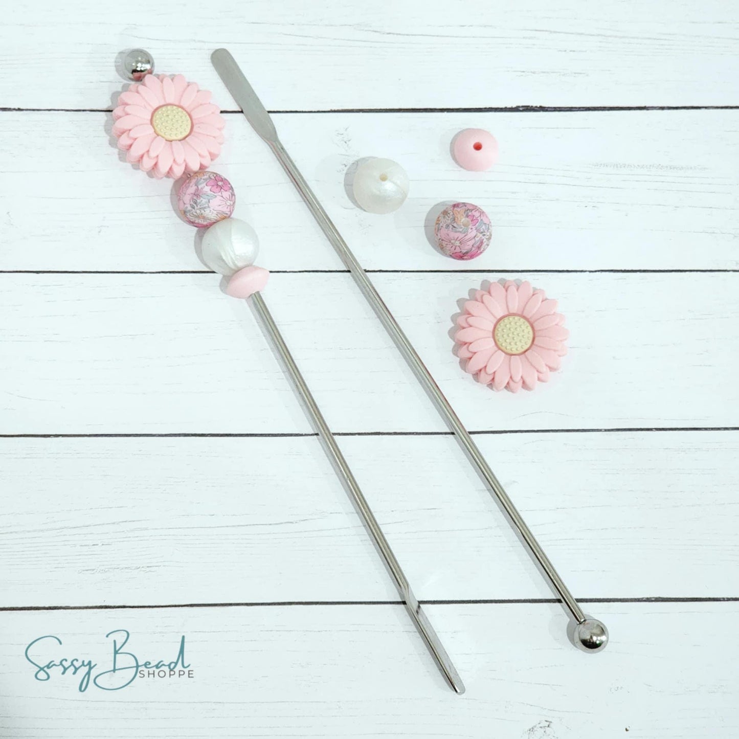 Springtime Latte DIY Coffee Stir Stick with a fun mix of floral beads - Pink Daisy — plus accent beads