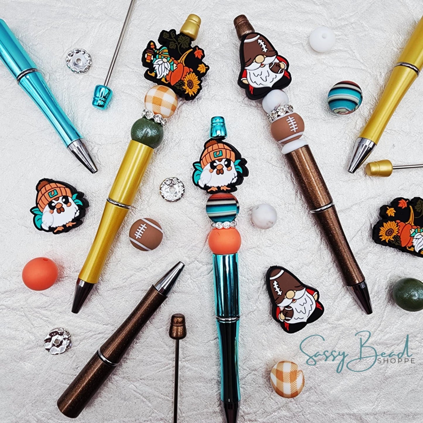Flavors of Fall beadable pen kit with 3 silicone focal beads — turkey, autumn gnome, and football gnome — plus accent beads