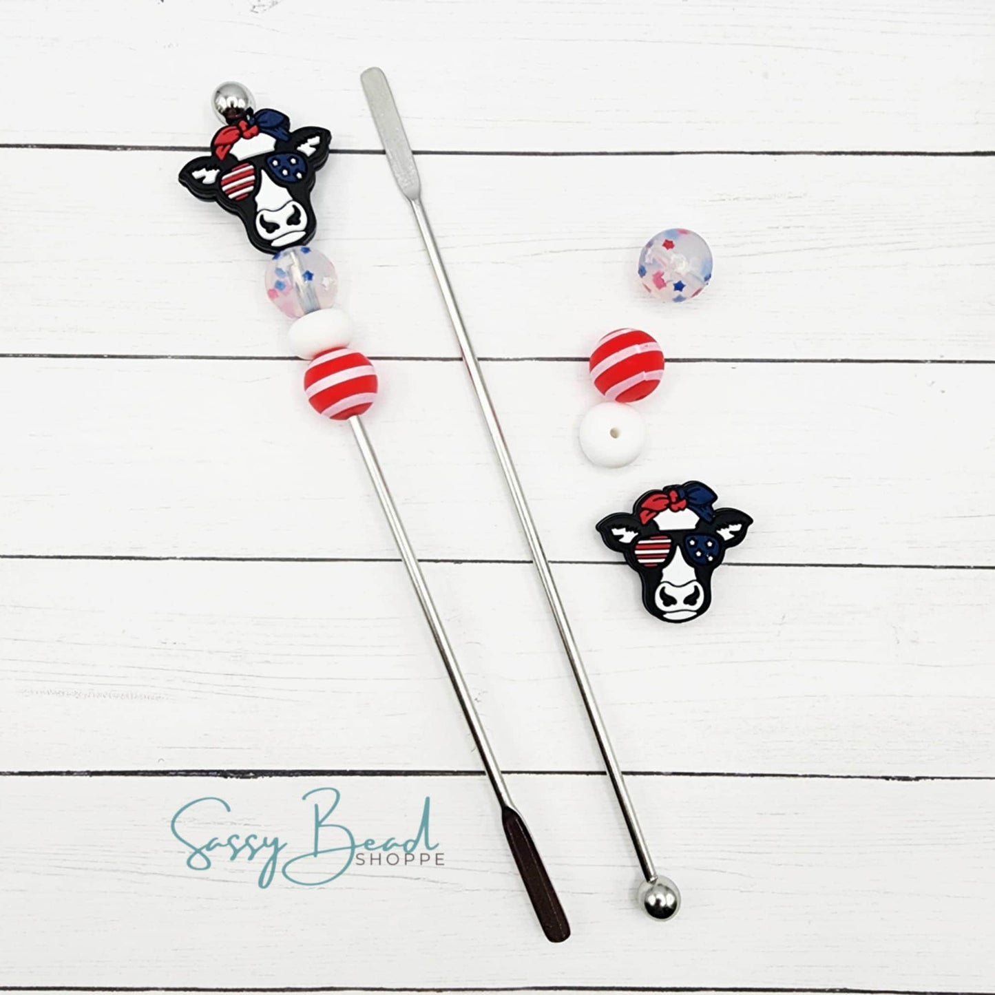USA Latte DIY Coffee Stir Stick with a fun mix of patriotic beads - USA Cow & star confetti — plus accent beads