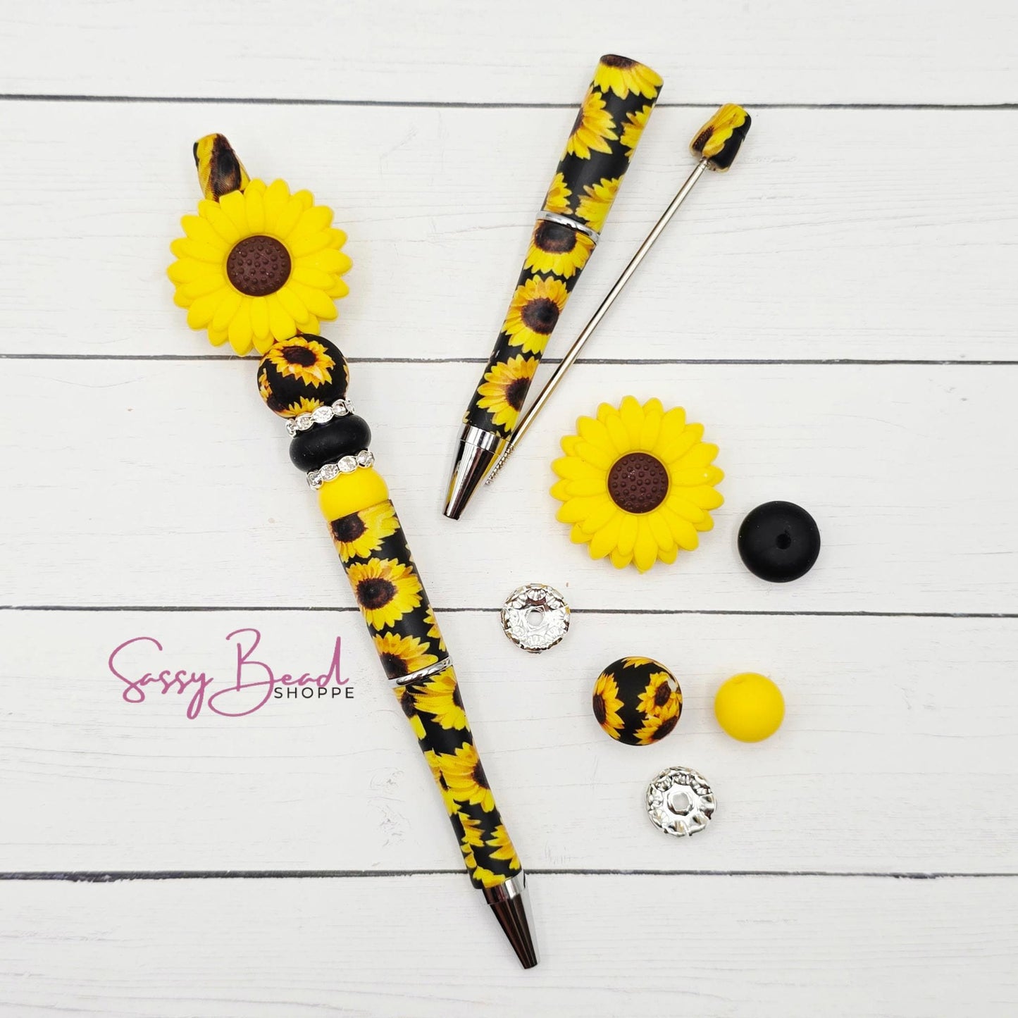 Hello Sunflower beadable pen kit with floral focal beads — plus accent beads