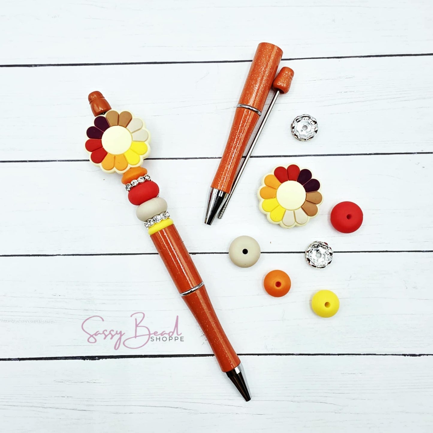 Autumn Bloom beadable pen kit with flower fall colors focal beads — plus accent beads