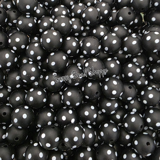 Little Black Polka Dot 15mm Silicone Beads, 10 count Craft Beads for Jewelry, Cookie Scribes