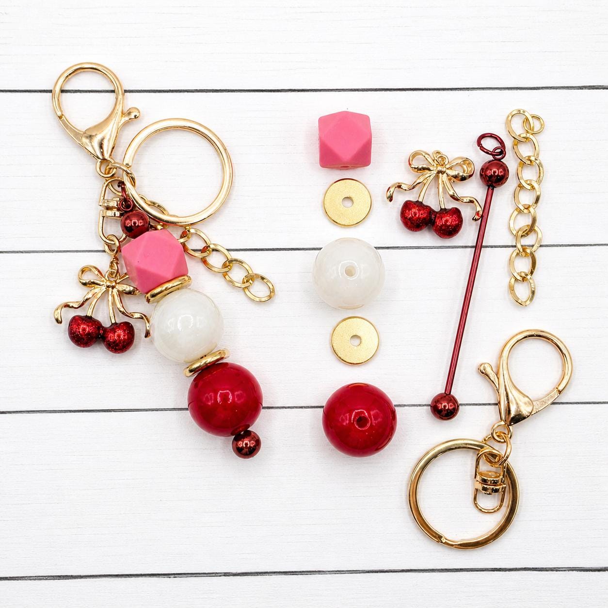 Cherry Luxe Bag Charm DIY Kit, Purse Charm Kit, Beaded Keychain Charm, Cherry Charm Kit