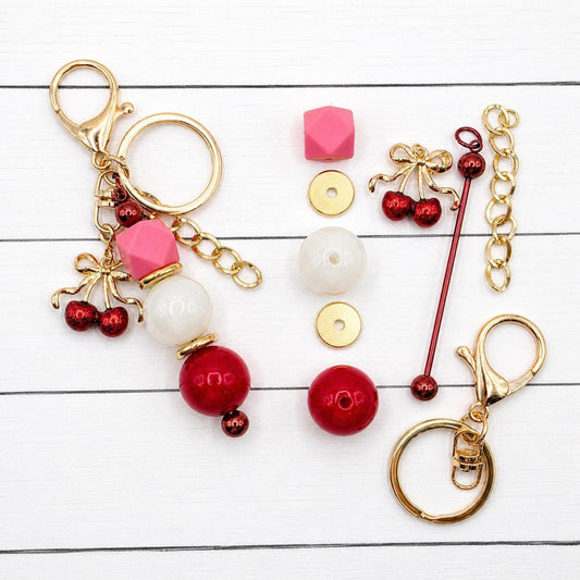 Cherry Luxe Bag Charm DIY Kit, Purse Charm Kit, Beaded Keychain Charm, Cherry Charm Kit