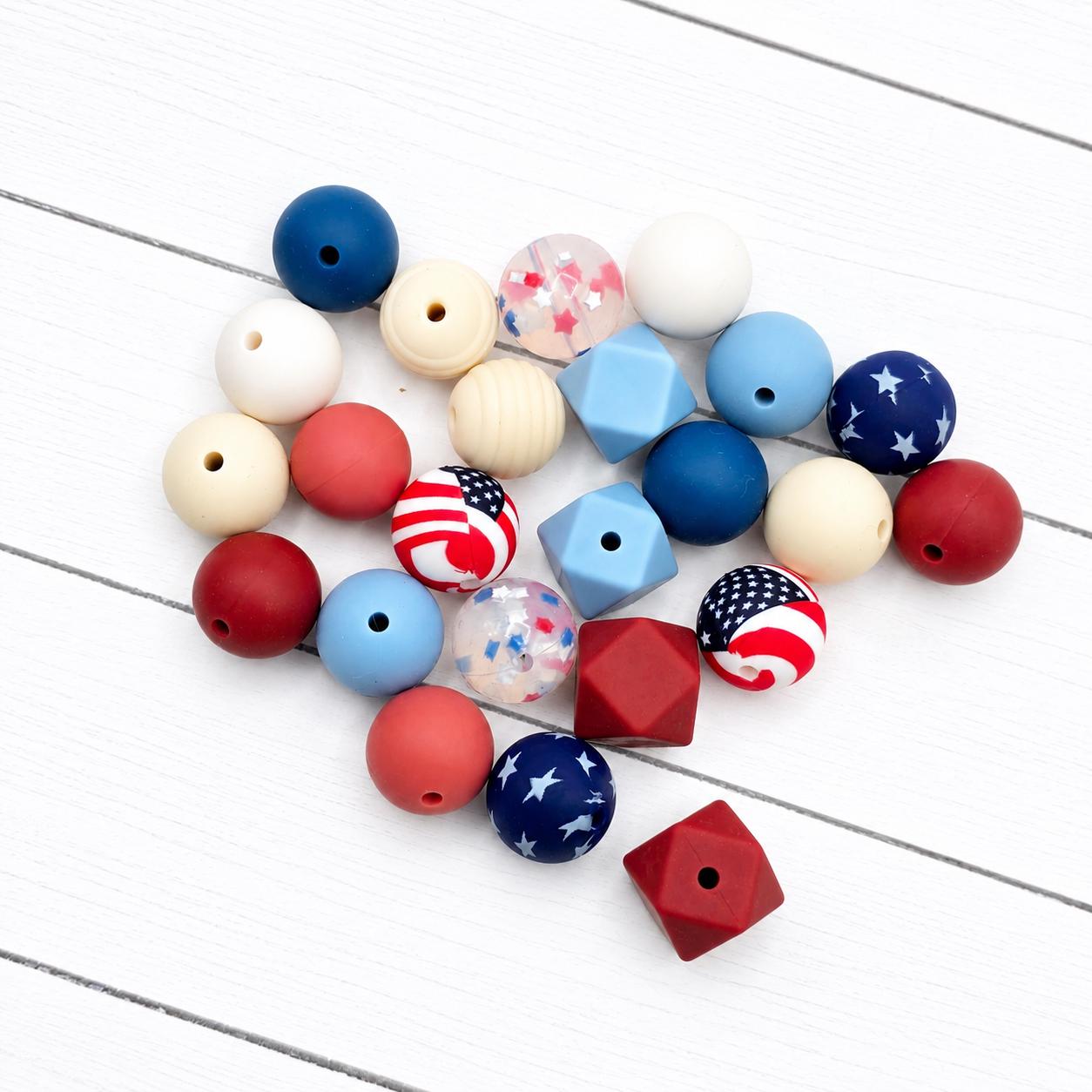 Americana Dreams Silicone Bead Mix ~ 15mm Set of 24 for Scribes & Keychains