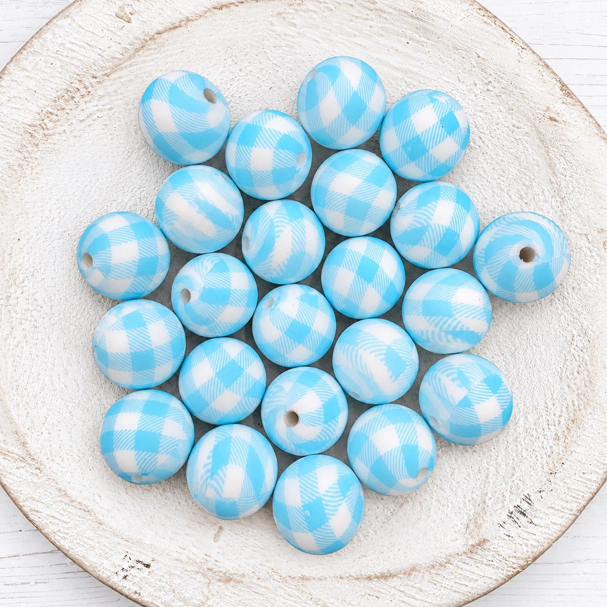 Light Blue Plaid 15mm Silicone Beads, 10 Count