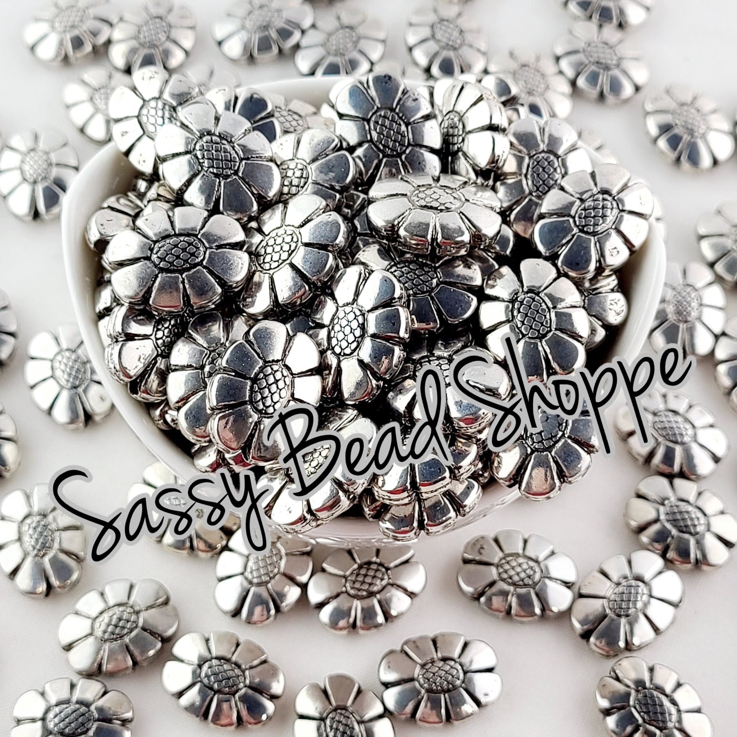 Flower Oval Metal Beads 20mm Silver Metalized Acrylic Beads - Sassy Bead Shoppe