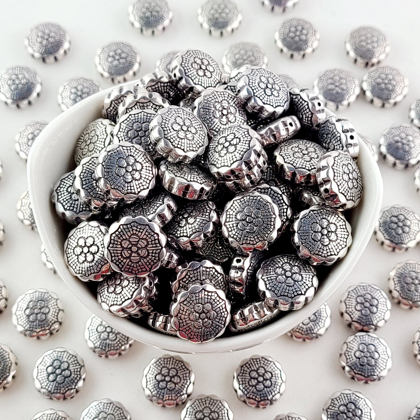 Double-Sided Flower 15mm Silver Metalized Acrylic Beads - Sassy Bead Shoppe