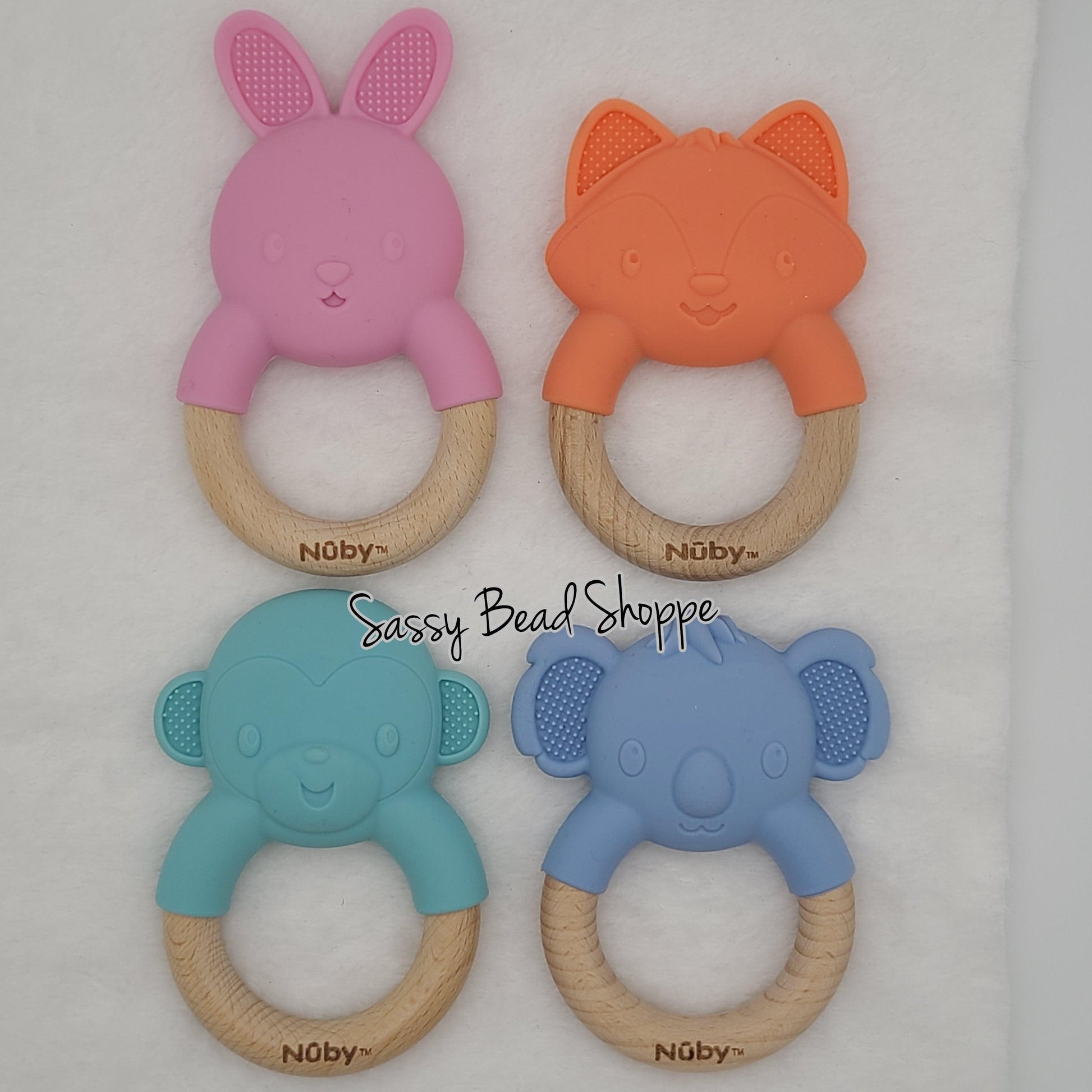Nuby's Pink Bunny Wood & Silicone Natural Teether - Sassy Bead Shoppe