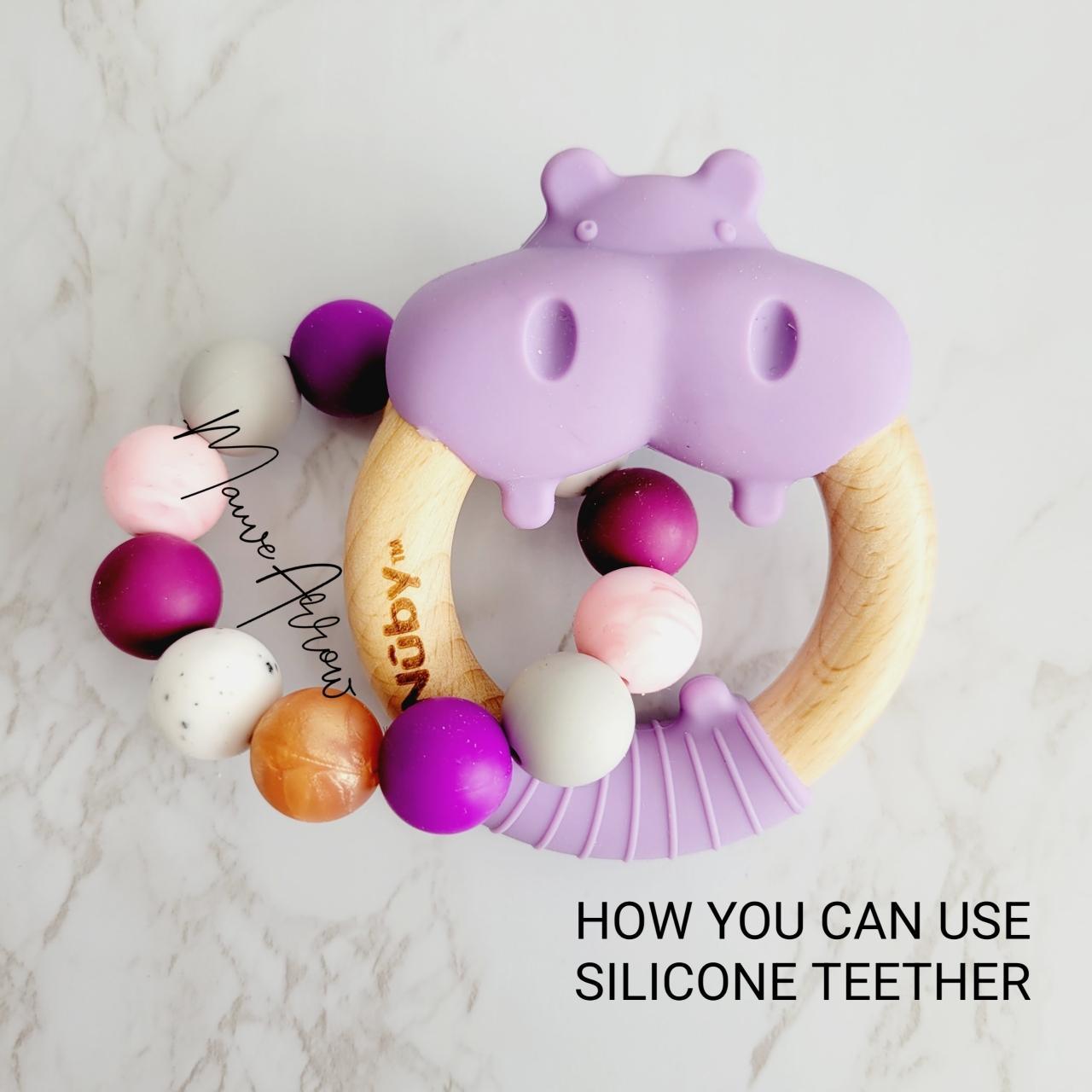 Purple Hippo Wood & Silicone Natural Teether - Sassy Bead Shoppe