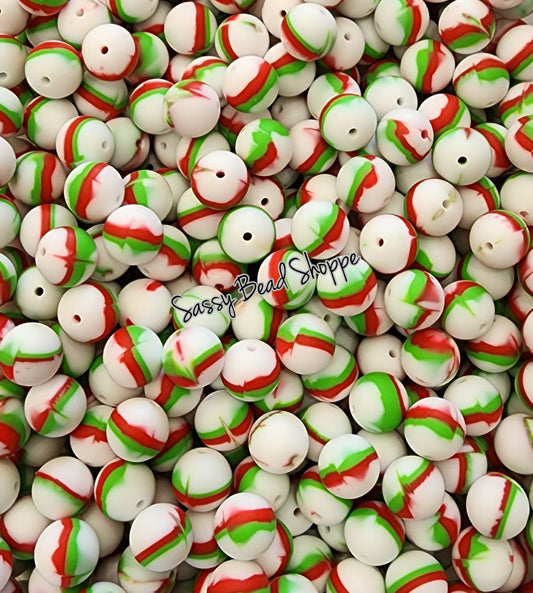 15mm Red & Green Swirl Silicone Beads