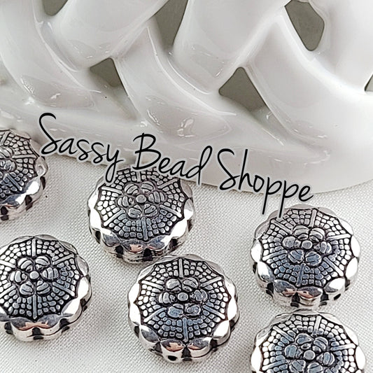 Double-Sided Flower 15mm Silver Metalized Acrylic Beads