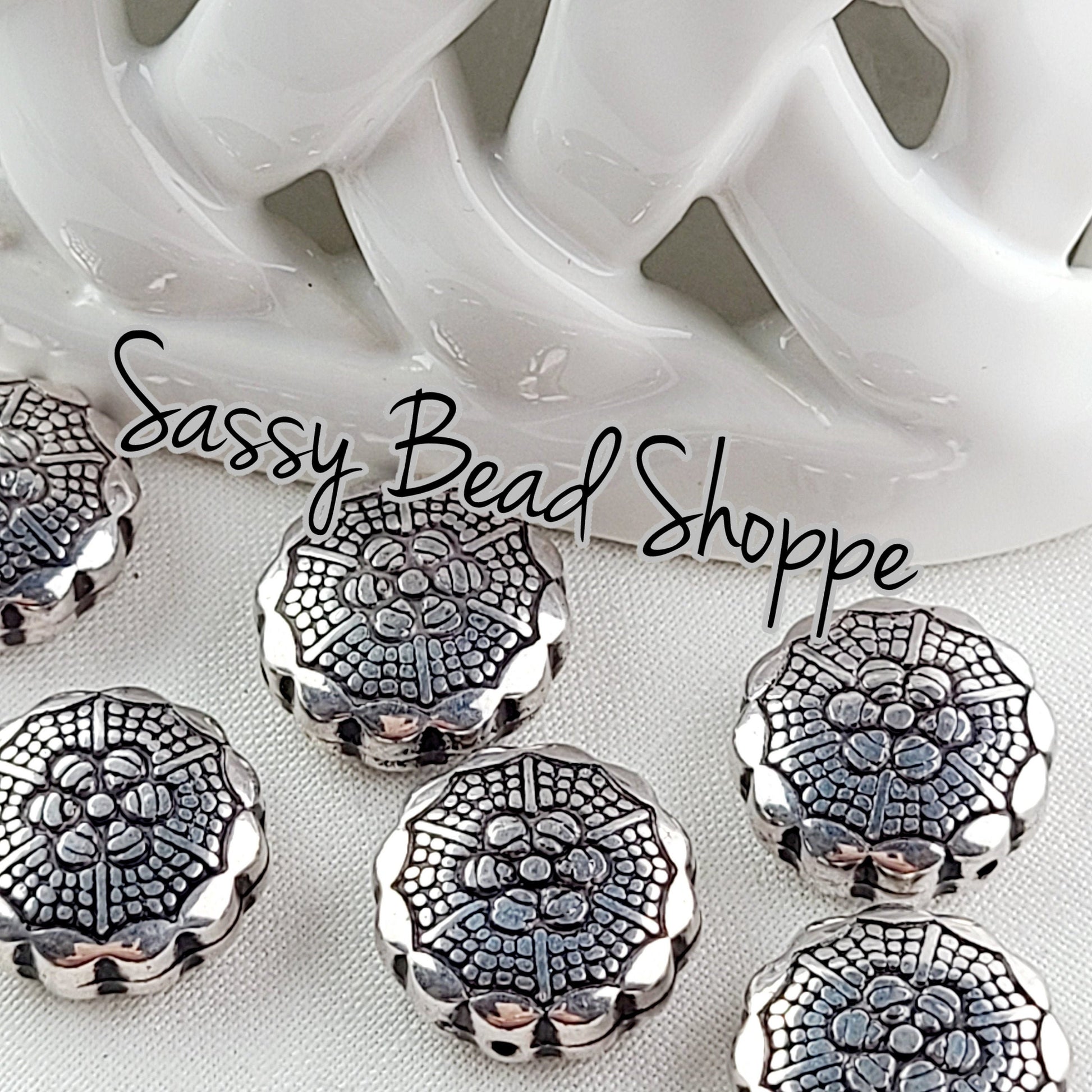 Double-Sided Flower 15mm Silver Metalized Acrylic Beads