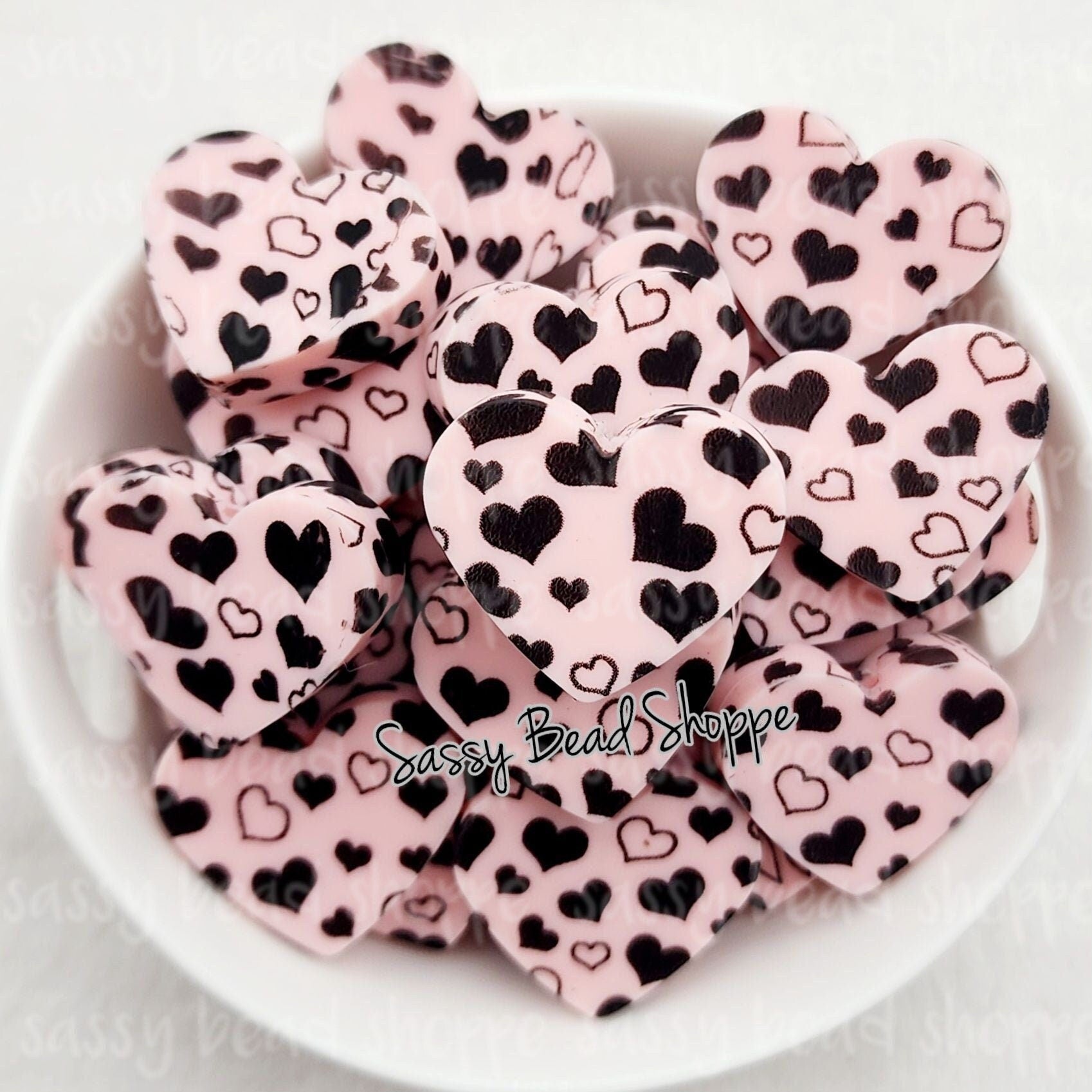 Sassy Bead Shoppe Pink & Black Heart Focal Bead