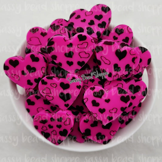 Sassy Bead Shoppe Hot Pink & Black Hearts Focal Bead