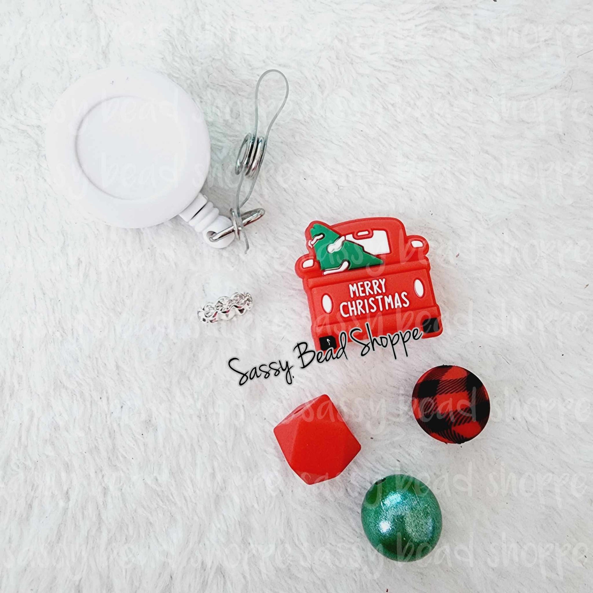 Sassy Bead Shoppe Merry Christmas Badge Reel What you will receive in your kit