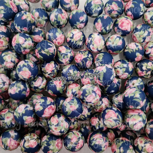 Sassy Bead Shoppe Navy with Pink Flower Silicone Beads