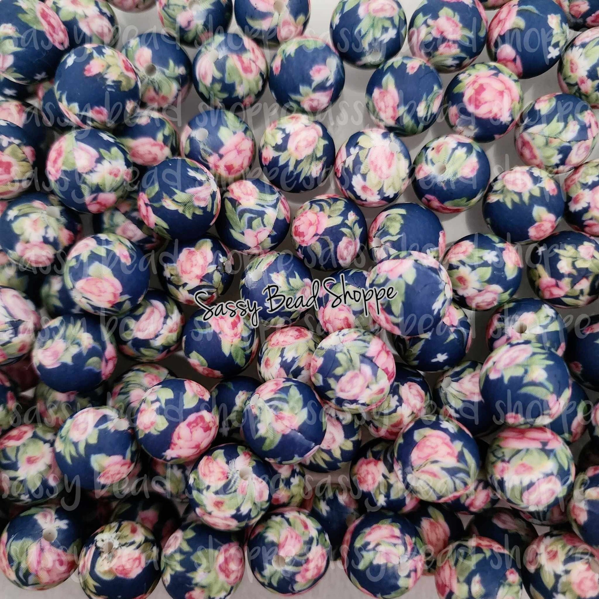 15mm Navy with Pink Flowers Silicone Beads - Sassy Bead Shoppe