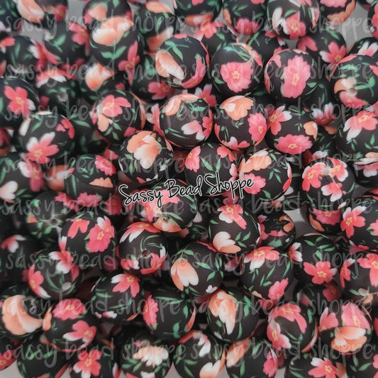 Sassy Bead Shoppe Black with Pink & Coral Flowers Silicone Beads