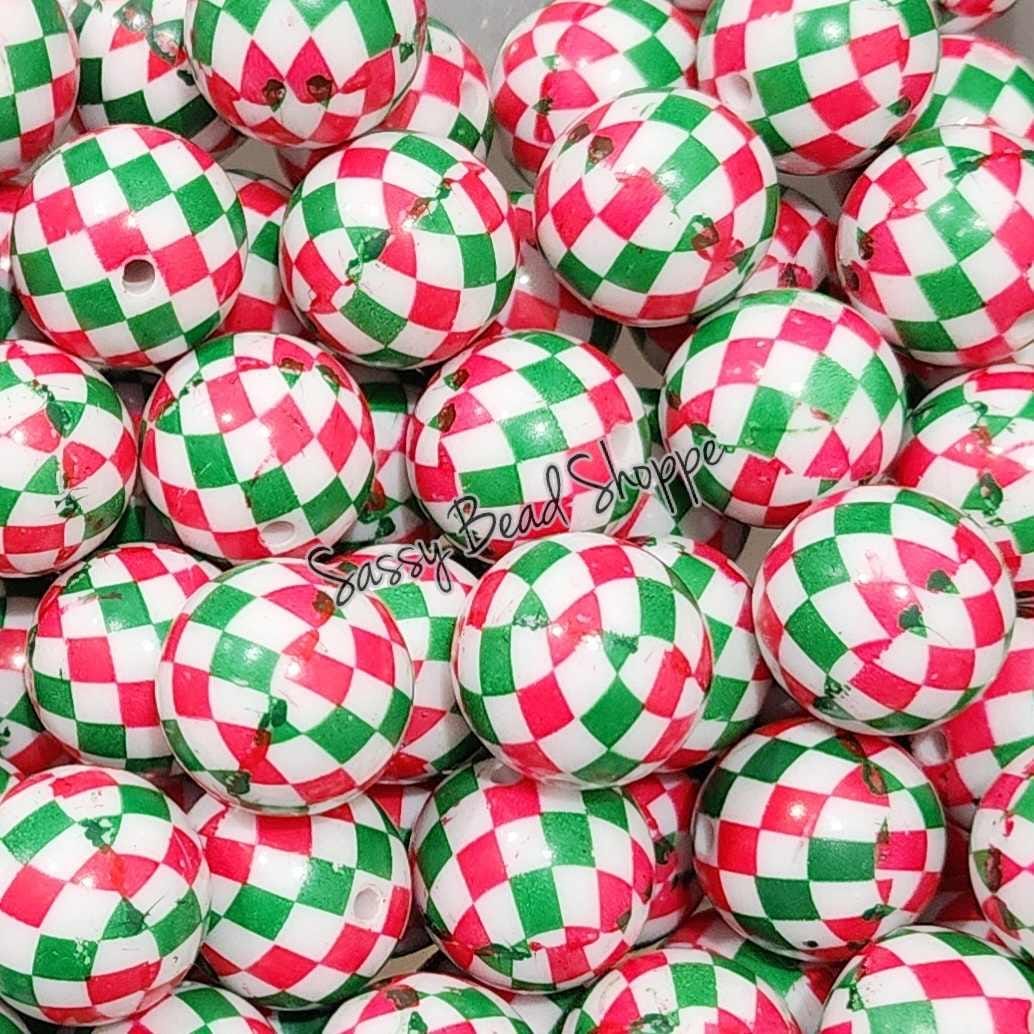 20MM Christmas Checkered Chunky Bubblegum Beads, Acrylic Beads in Bulk, 20mm Bubble Gum Beads, 20mm Chunky Beads