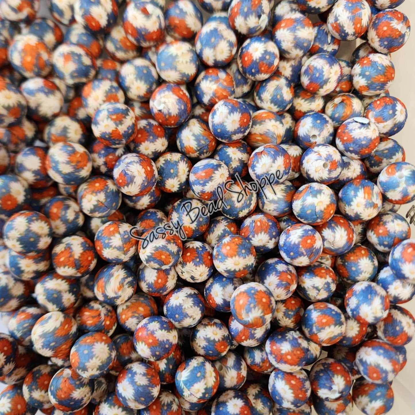 15mm Daisy Delight Silicone Beads, Flower Print Silicone Beads, Wholesale Silicone Beads, Round Loose Beads