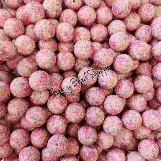 15mm Peachy Pink Floral Silicone Beads, Flower Print Silicone Beads, Wholesale Silicone Beads, Round Loose Beads