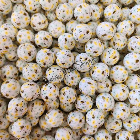 15mm Flower Bee Silicone Beads, Flower Print Silicone Beads, Wholesale Silicone Beads, Round Loose Beads