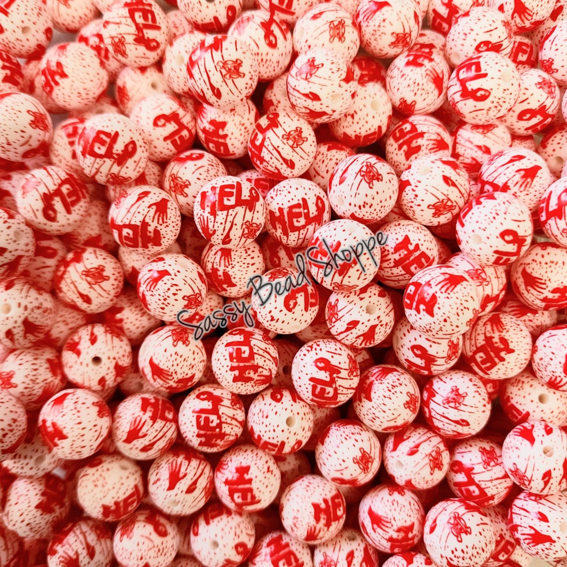 15mm Help Splatter Silicone Beads, Halloween Print Silicone Beads, Wholesale Silicone Beads, Round Loose Beads