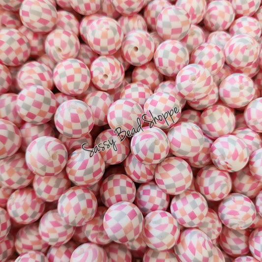 15mm Multi Colored Checkered Silicone Beads, Print Silicone Beads, Wholesale Silicone Beads, Round Loose Beads,