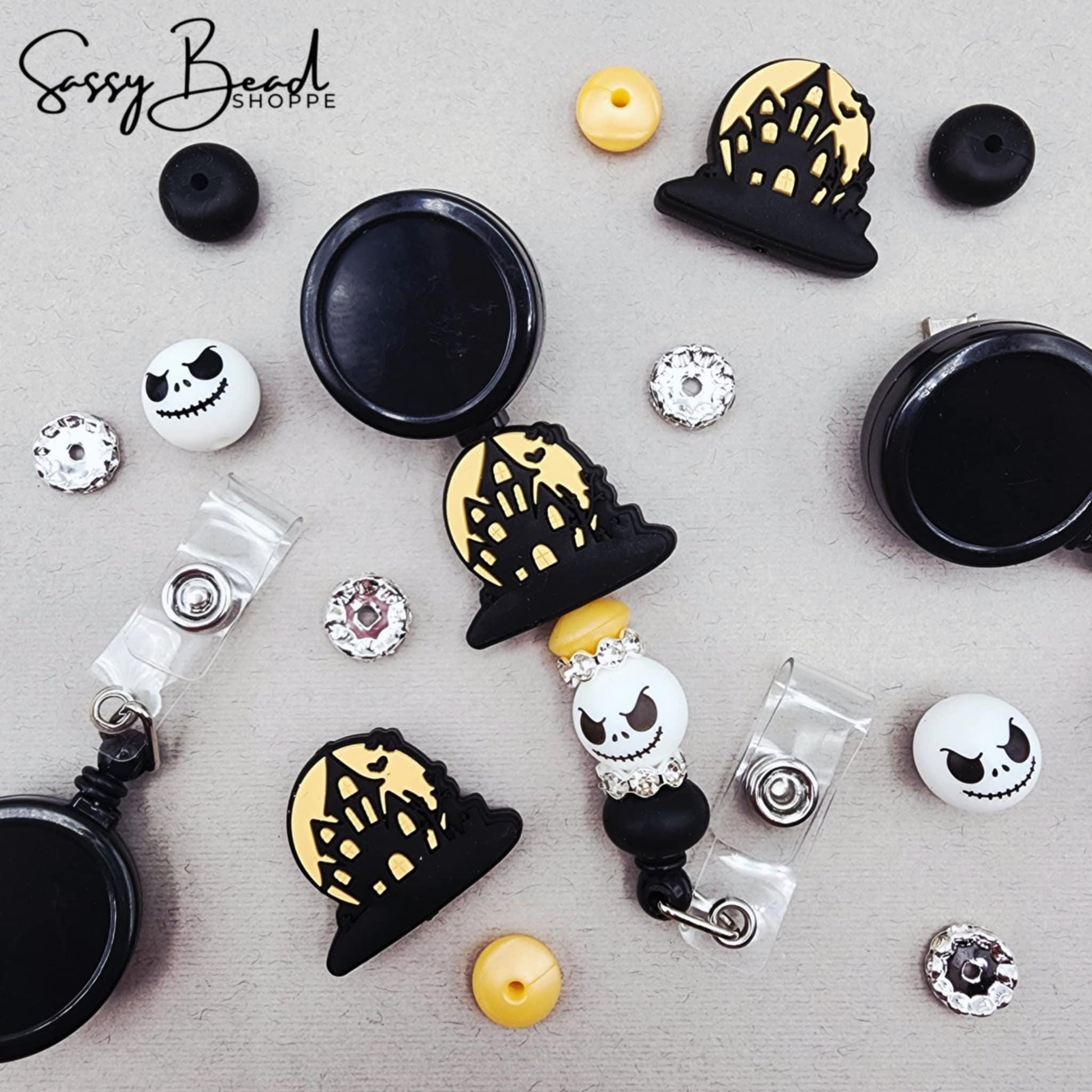 Fright DIY Badge Reel with a fun mix of Halloween beads & Haunted House focal bead — plus accent beads