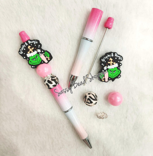 Close-up of Christmas-themed silicone beads in Boogie focal bead for DIY pen making