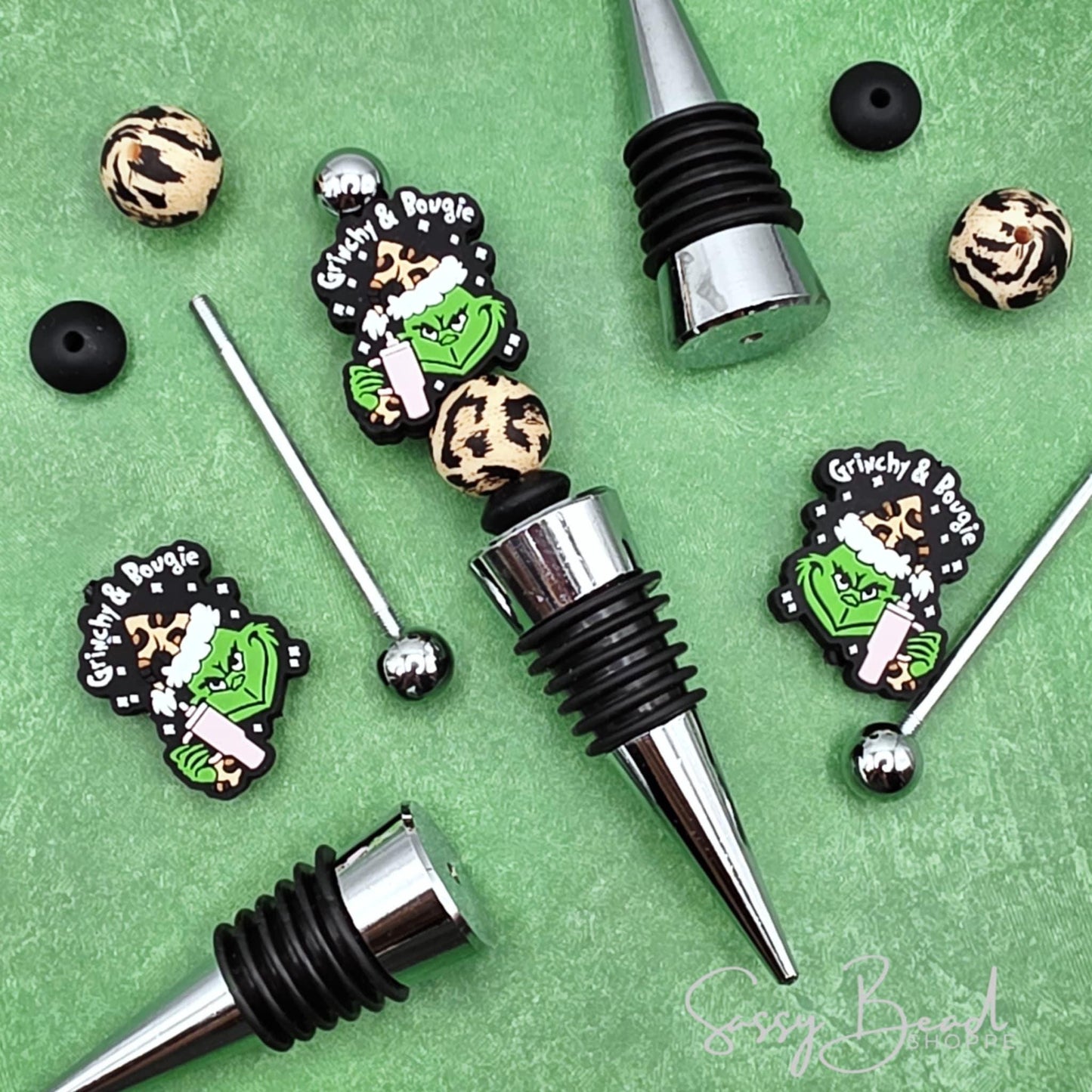 Sassy Green DIY Wine Stopper with a fun mix of Christmas beads - Bougie Focal  — plus accent beads