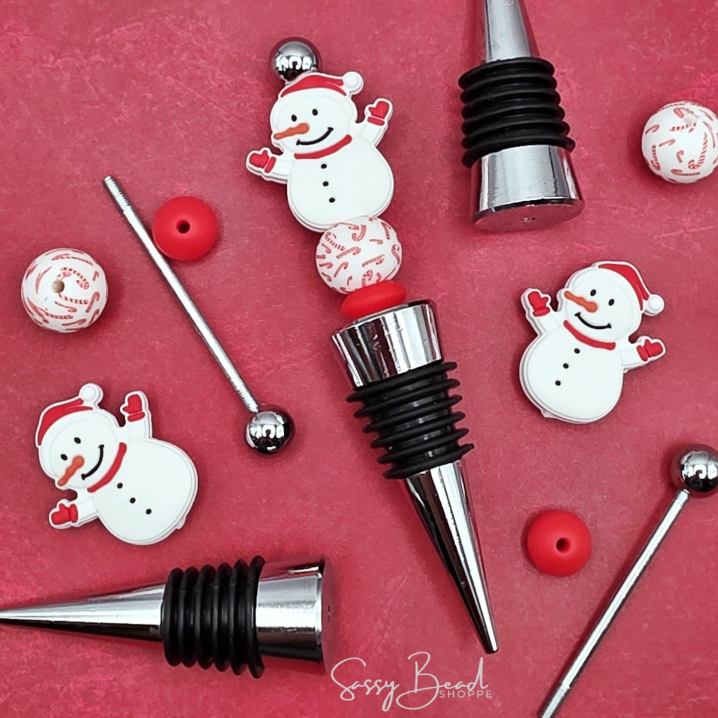 Chillin' with my Wine DIY Wine Stopper with a fun mix of Christmas beads - Snowman Focal  — plus accent beads