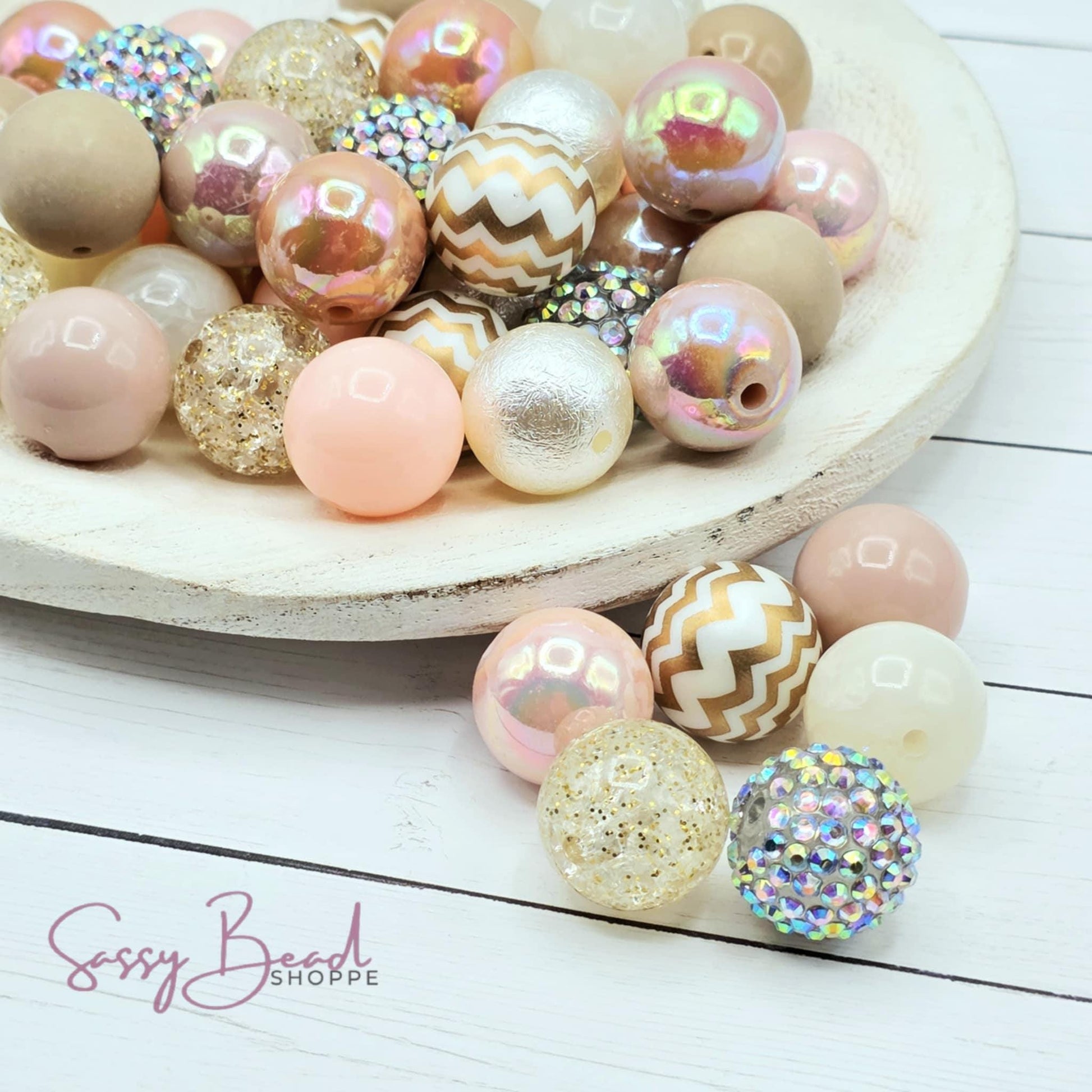 Champagne Kiss acrylic bead mix ~ beads in pink, peach, gold & taupe designs for DIY pens, badge reels, wristlets, cookie scribes, and all your jewelry making