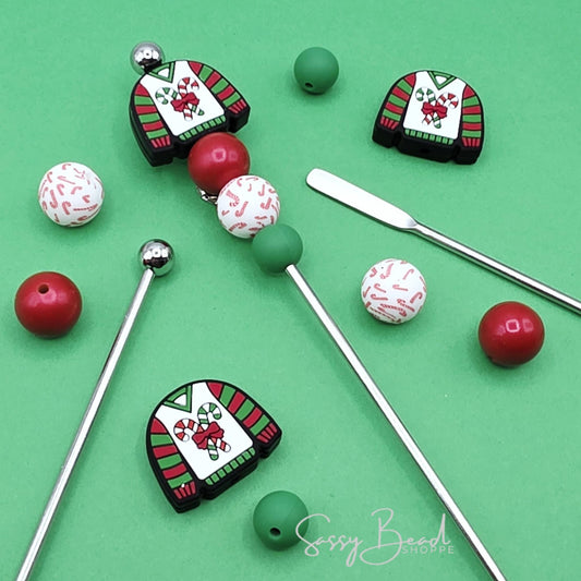 Sweater Weather Stir Stick with a fun mix of Christmas beads - Christmas sweater & candy cane — plus accent beads