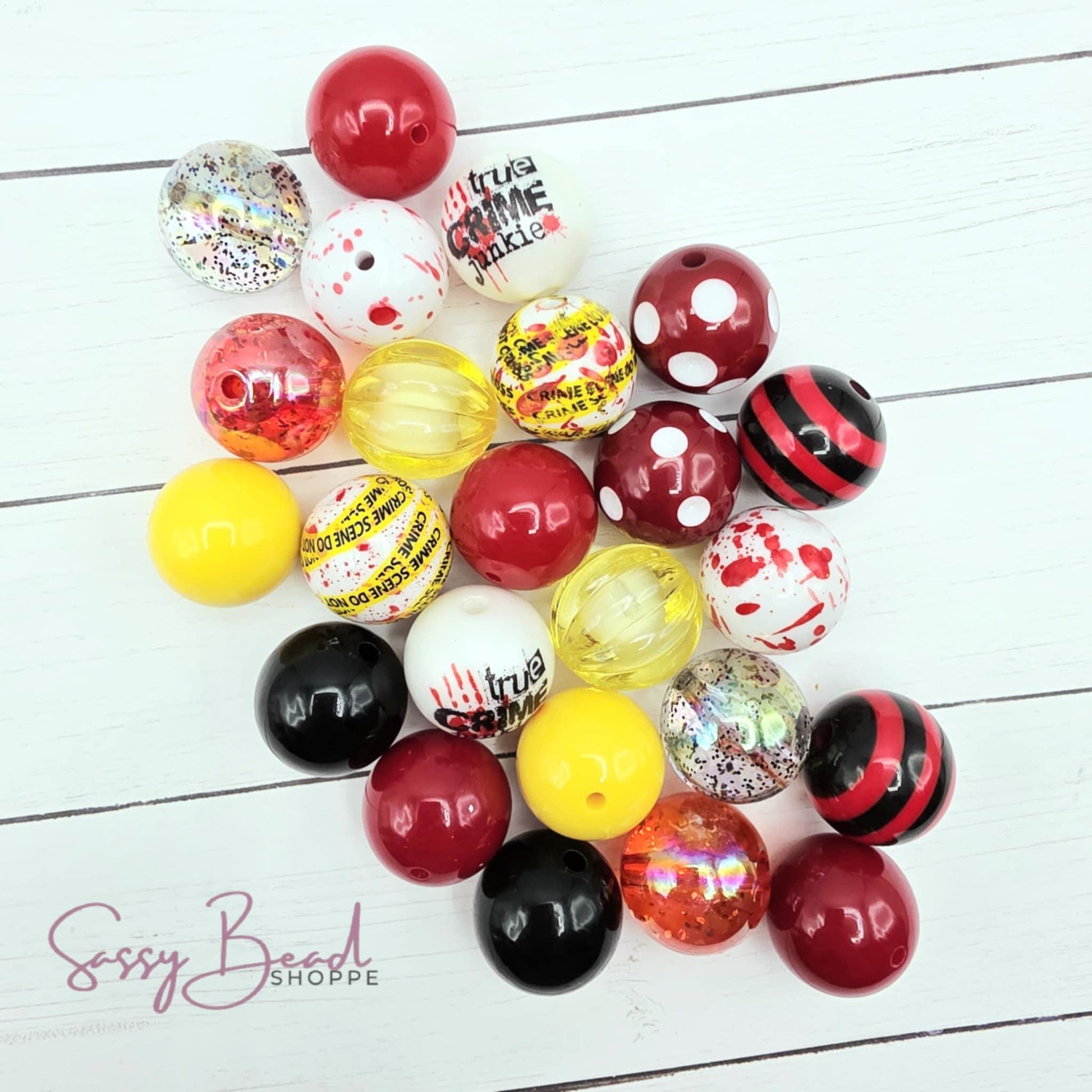 20mm Acrylic bead mix styled flat lay showing beads you will receive, for all your creative craft projects