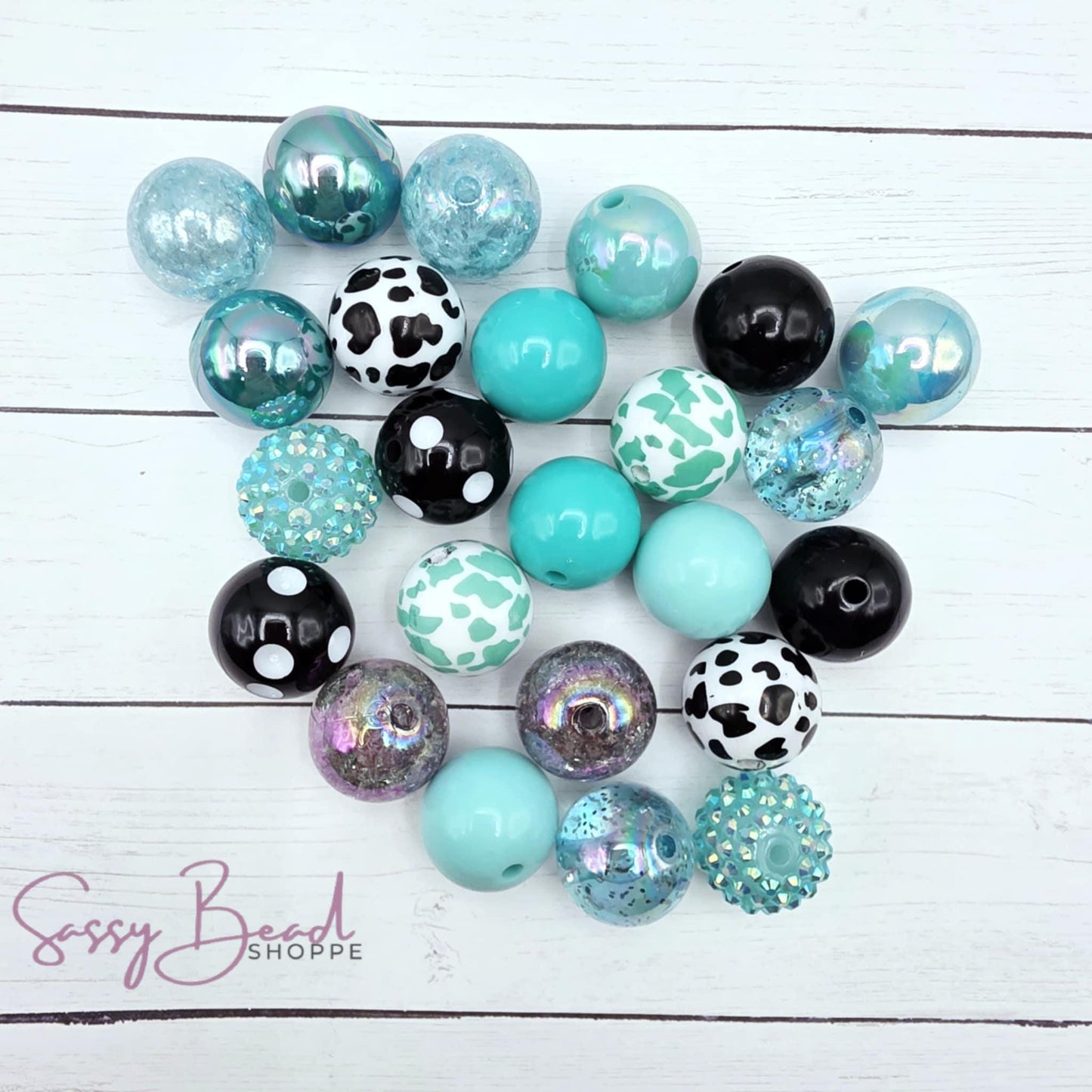 20mm Acrylic bead mix styled flat lay showing beads you will receive, for all your creative craft projects.