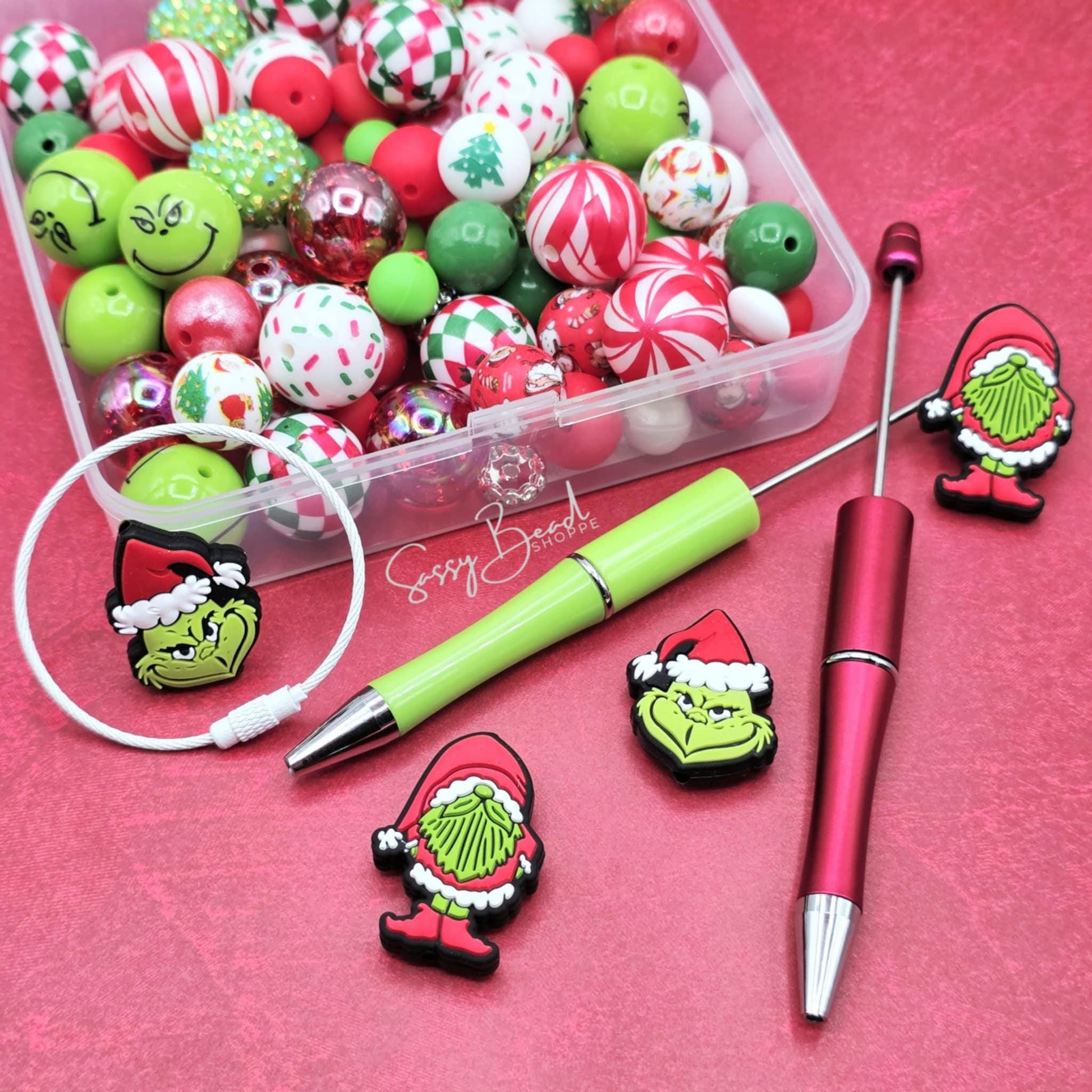 Jolly Good Guy Bead Craft Kit, 107 Count with 4 silicone focal beads — 2 Green Guy & 2 Santa Gnome — plus accent beads, beadable pens & tumbler charm