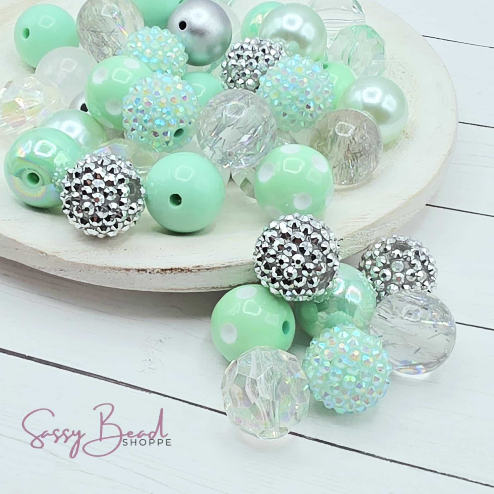 Crazy About Mint acrlic bead mix ~ beads in mint & silver designs for DIY pens, badge reels, wristlets, cookie scribes, and all your jewelry making