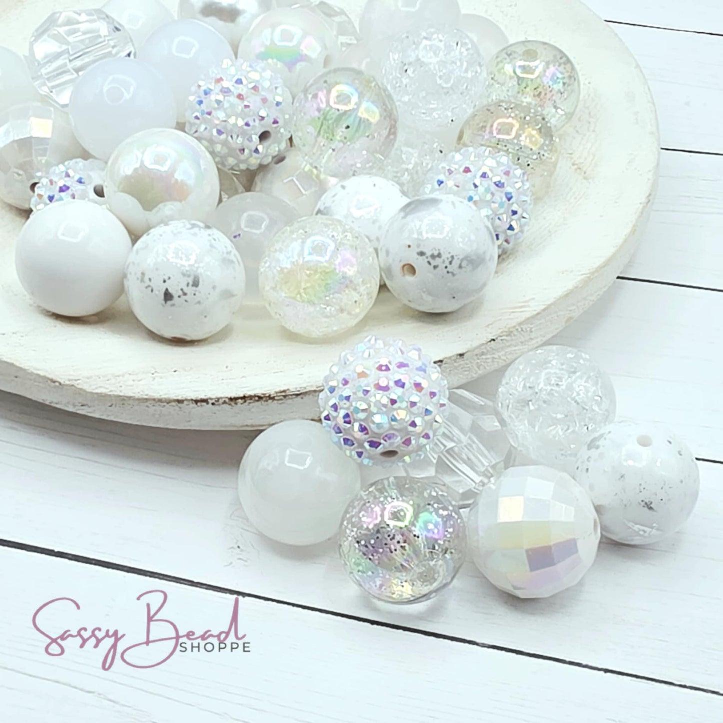 Ice Queen acrylic bead mix ~ beads in white & clear designs for DIY pens, badge reels, wristlets, cookie scribes, and all your jewelry making
