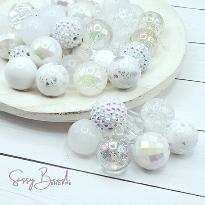 Ice Queen acrylic bead mix ~ beads in white & clear designs for DIY pens, badge reels, wristlets, cookie scribes, and all your jewelry making